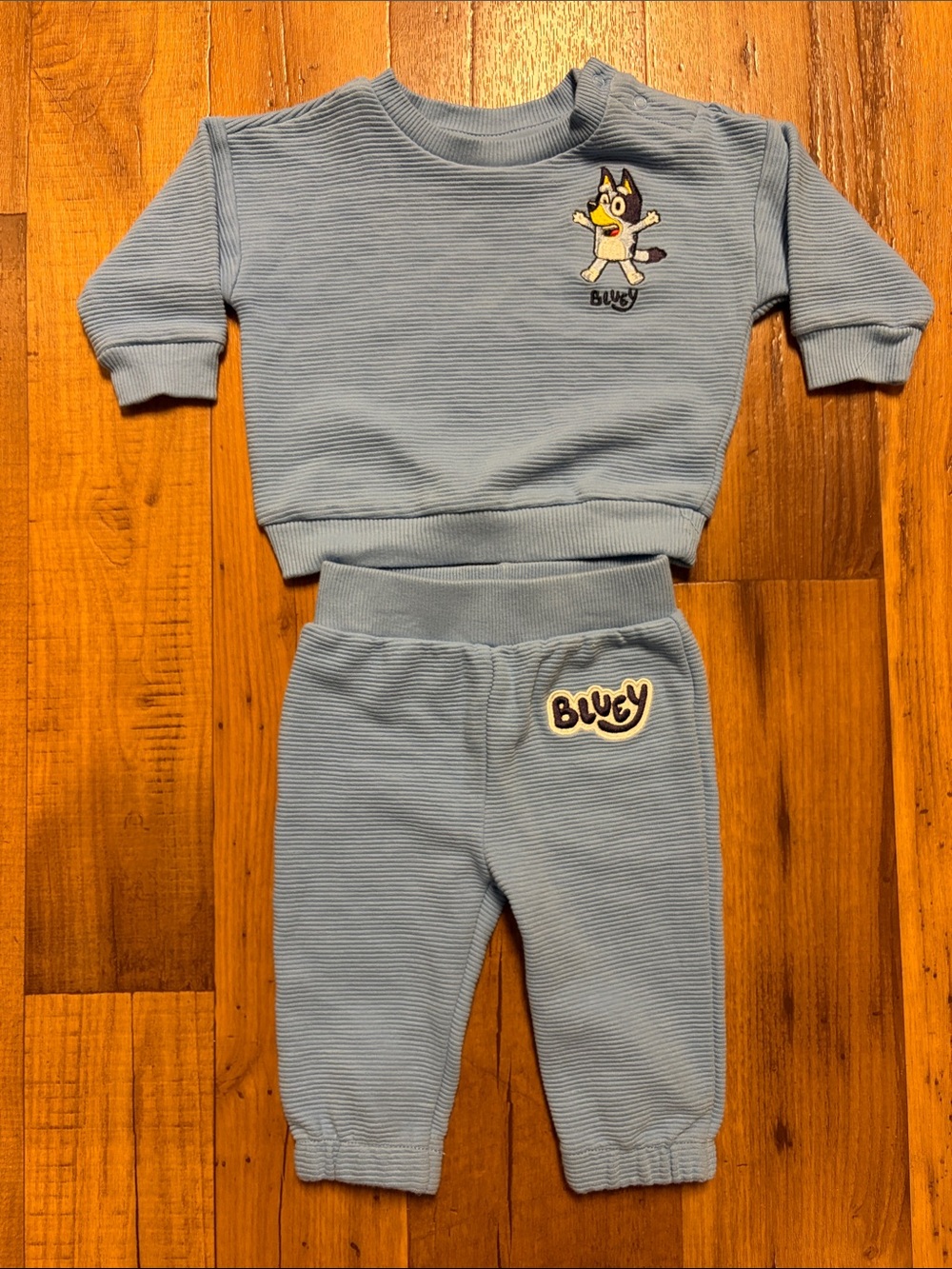 Bluey Blue Ribbed Kids Jogger Set Embroidery On Top And Bottom Size 3-6 Months